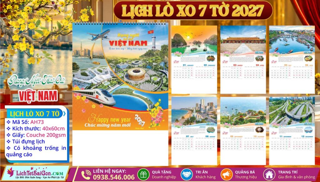 Lịch Lò Xo 7 Tờ - AH73 - Rạng Ngời Hai Chữ Việt Nam