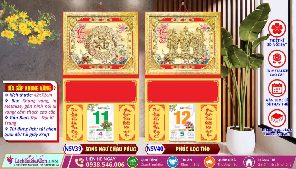 Bìa Khung Vàng (42x72cm) - NSV39 - Song Ngư Chầu Phúc + NSV40 - Phúc Lộc Thọ
