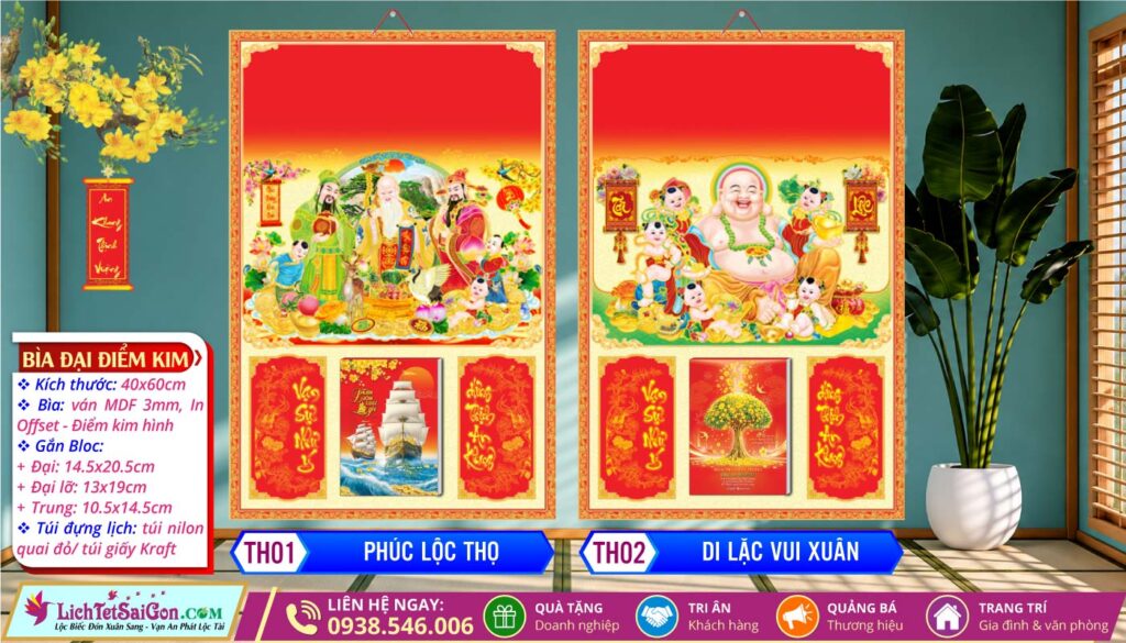 Bìa Đại (40x60cm) Điểm Kim - TH01 - Phúc Lộc Thọ + TH02 - Di Lặc Vui Xuân