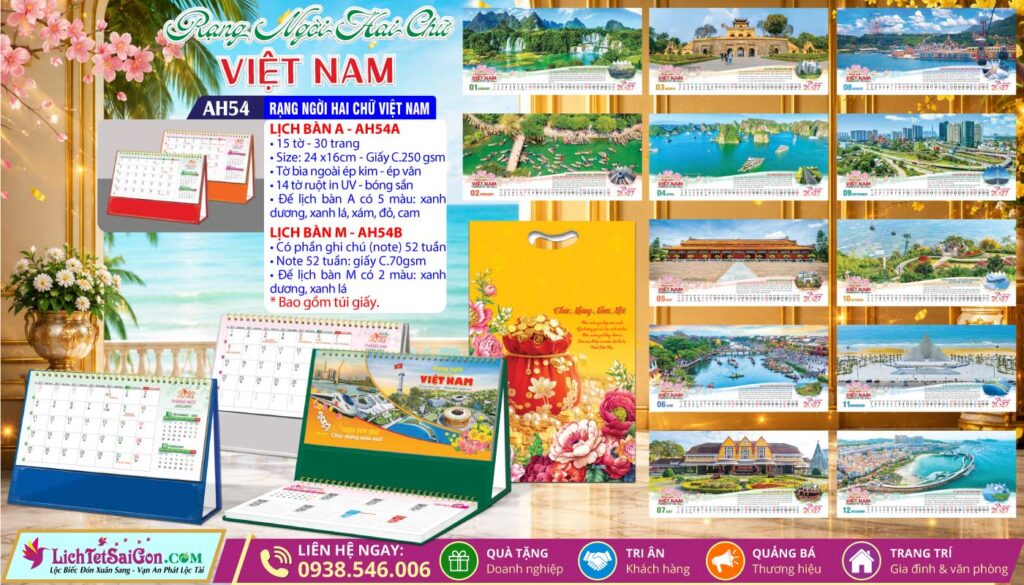Lịch Để Bàn A & M - MS: AH54 - Rạng Ngời Hai Chữ Việt Nam