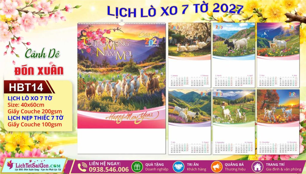 Lịch Lò Xo 7 Tờ | Mã Số: HBT14 - Cảnh Dê Đón Xuân