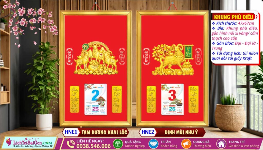 Khung Phú Điêu (47x67cm) - HNE1 - Tam Dương Khai Lộc + HNE2 - Đinh Mùi Như Ý